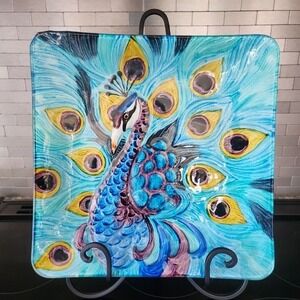 Pier 1 One Peacock 12" Square Serving Platter Glass Art Display w/ Stand Gift